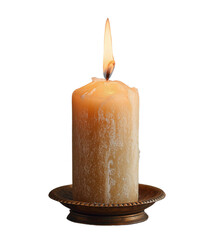Realistic fine art photograph of a single lit candle in a vintage brass holder on transparent background