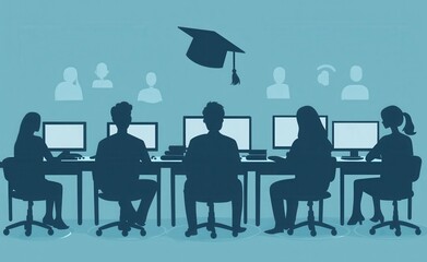 Silhouette illustration of students and teacher engaged in an educational setting