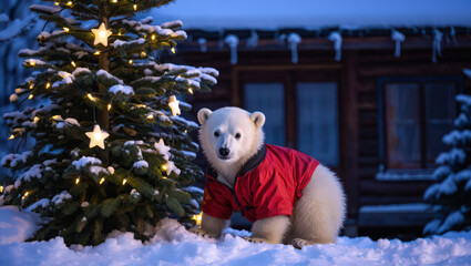 A Polar Bear's Winter Scene A Cub in a Red Jacket Poses Near a Decorated Evergreen, Snowflakes Gently Falling in a Serene, Dreamlike Atmosphere of Nature