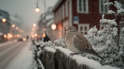 Close-up of a Spotted Dove Sitting on a Snow-Covered Wooden Fence in a Cozy European Town During Winter Snowfall with Warm Street Lights and Bokeh Background