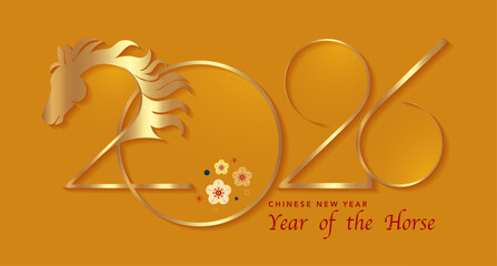 2026 Chinese New Year in yellow background. Year of the Horse. Vector modern art gold numbers design for cover, card, poster, banner, logo zodiac sign. Golden luxury template