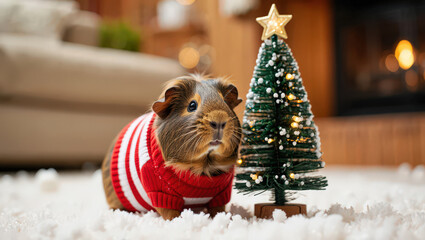 A Guinea Pig in a Striped Sweater Stands Beside a Miniature Tree on a Fluffy Surface Captivating Rodent Portrait with a Touch of Winter Season Charm and Festive Decoration