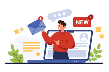 New email and SMS notification in mailbox mobile app. Tiny on laptop screen giving envelopes with letters, documents and unread message icons, notice about mail delivery cartoon vector illustration