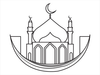 Line Art Mosque Outline Drawing - Crescent Moon Islamic Icon Vector