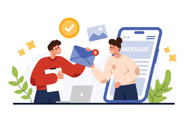 New email and SMS notification in mailbox mobile app. Tiny girl on phone screen giving envelopes with letters and documents to user, receipt report on mail platform cartoon vector illustration