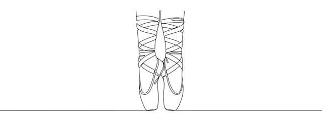 A continuous line drawing of a ballerina's feet en pointe in ballet shoes, conveying grace and elegance on a simple white background. © drawing lines