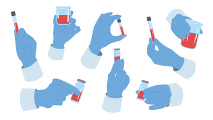 Hand of doctor in medical glove holding blood test tube set. Laboratory examination of blood sample for allergy, malaria or hepatitis, genetic analysis in glass vials cartoon vector illustration