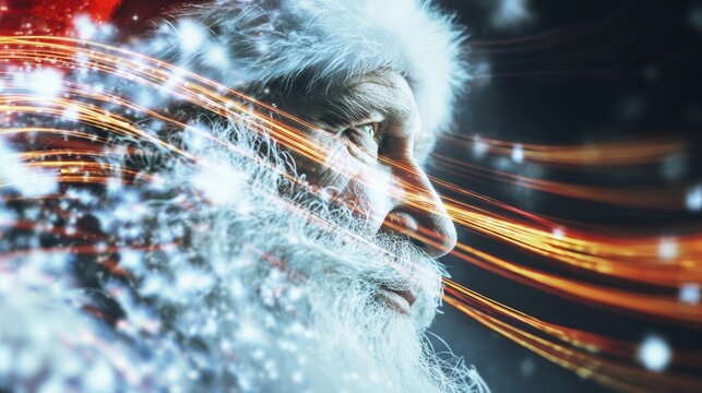 Cheery santa claus in the midst of new year festivities. Data streams. Santa claus in a frosty wonderland with holiday accents. Network signals. Data network.