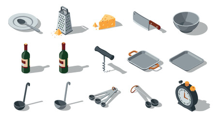 Isometric kitchen tools and utensils collection for cooking and dining