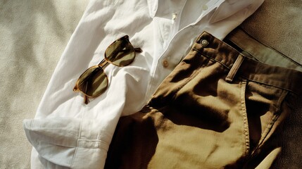 Casual clothing arrangement with sunglasses and folded fabrics overhead view