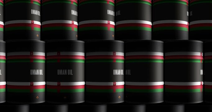 Oman oil business and fuel extraction barrels in row seamless and loopable concept. Omani petrol industrial drum containers.