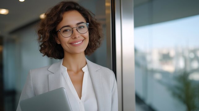 A businesswoman holding a laptop and smiling while entering an elevator, symbolizing confidence, success, and the modern rhythm of corporate life in urban office buildings. cinematic color
