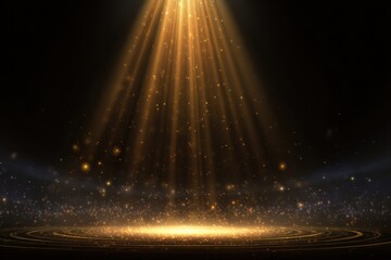Golden light beams shining down on a dark stage backdrop