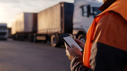 A person in a high-visibility vest uses a smartphone in front of several cargo trucks, emphasizing modern logistics and connectivity in the transportation sector.