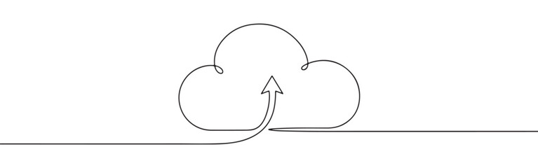 A continuous line art depiction of a cloud with an upward-pointing arrow, symbolizing cloud upload, data transfer, or digital storage, isolated on a white background.