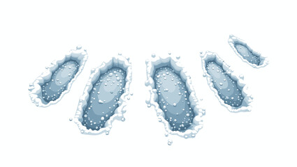 Boot prints in icy mud with deep shoe holes filled with ice crystals concept of frozen environment