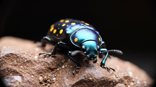 Closeup of a stunning metallic blue beetle with yellow spots on a textured brown surface.