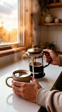 Hands pouring freshly brewed coffee from a French press into a ceramic mug, showcasing the rich color and steam rising, with warm sunlight illuminating the cozy kitchen scene, camera follows the actio