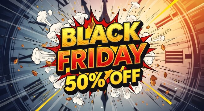 Black friday sale with fifty percent off in comic style over a clock face with explosion effects