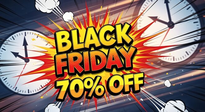 Black friday seventy percent off comic style sale promotion with clocks and bursting effects graphic design