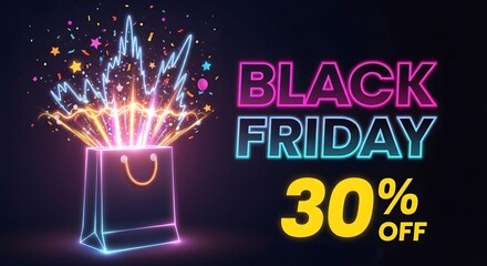 A neon shopping bag with confetti and stars exploding out next to black friday thirty percent off text