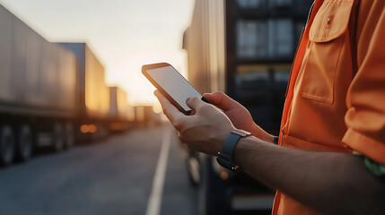 Truck driver in safety vest using smartphone with trucks at the background during sunset. Logistics worker using application to check his delivery.