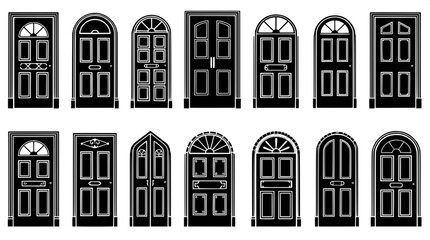 “Minimalist architectural vector artwork displaying fifteen unique black door designs outlined in white. Presented in a precise grid format, the collection highlights form, symmetry, and decorative di