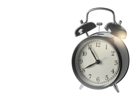 A close-up shot of a classic metal alarm clock against a stark black background, showcasing its hands and bells