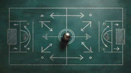 Mastermind strategy session unfolds with a central ball and directional arrows on a detailed chalkboard playbook, visualizing tactical plays.