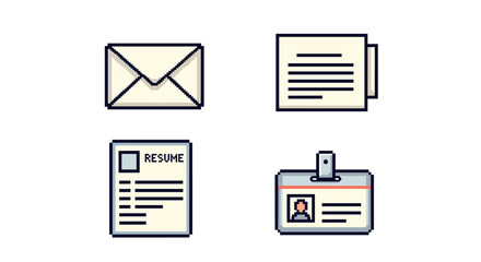 Pixel art design of email, document, resume, and id badge icons