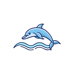Cute cartoon dolphin jumping over stylized waves on black background