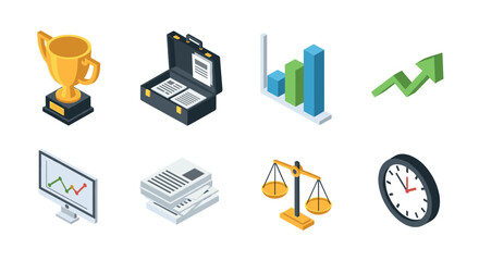 Business icons trophy, briefcase, chart, arrow, monitor, printer, scales, clock in isometric design
