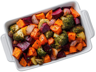 Roasted vegetables in dish, healthy food isolated on transparent background