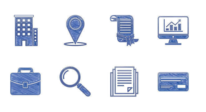 Handdrawn business icons set office, analytics, and planning elements