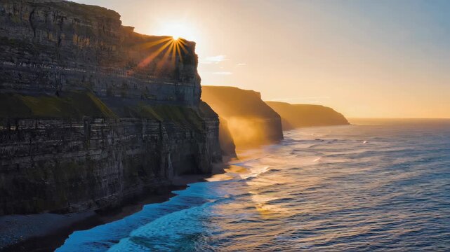 Majestic coastal cliffs with dramatic sunlight shining through the rocks, sandy beach with warm tones, ocean shore with golden light