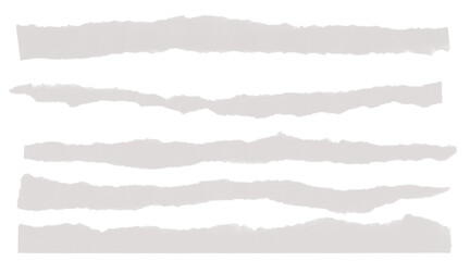 Five grey ripped paper strips, jagged edges, versatile design element.