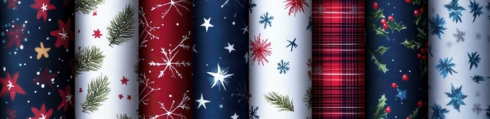 Obraz premium Festive seamless patterns for fabric featuring Christmas inspired designs including pine branches, snowflakes, and holly on vibrant backgrounds.