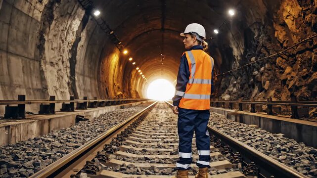 Engineer in safety gear stands on railway tracks inside a tunnel looking towards the light at the end.