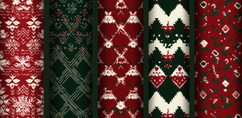 Fototapeta premium Festive Christmas-themed patterns on wrapping paper rolls showcasing traditional holiday designs
