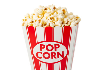 Close up of a red and white striped popcorn bucket on transparent background