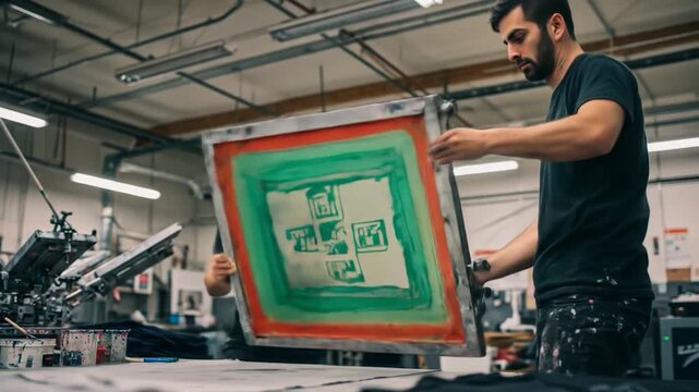 Two men holding screen printing frame in a workshop
