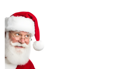 Close up portrait of santa claus looking to the side with a thoughtful expression isolated on transparent background