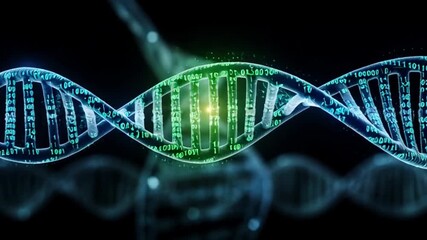 Dynamic digital DNA helix representing scientific discovery and genetic research with glowing binary code and futuristic particles in motion - Powered by Adobe