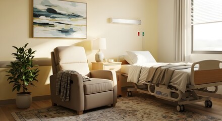 Warm hospital room corner featuring soothing wall art, a small plant, and a comfortable recliner chair by the patient’s bed.