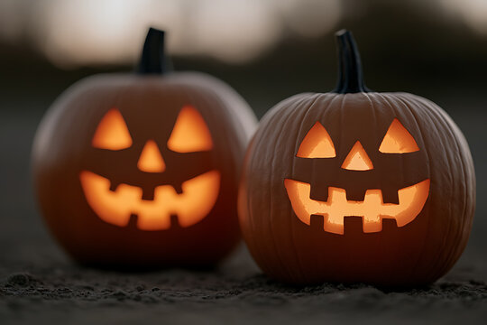 Spooky season is here! Two jack-o'-lanterns glow with eerie smiles, casting shadows in the night. Carved pumpkins embody the festive spirit of Halloween night.