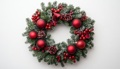 Festive Christmas wreath adorned with red and green decorations, featuring pine cones, ornaments, and berries on a snowy background