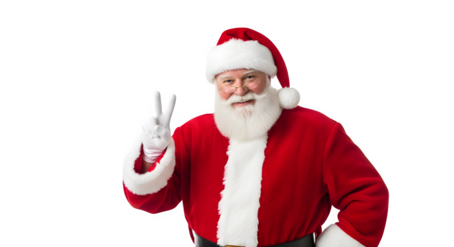 Cheerful santa claus wearing his iconic red suit and hat making a peace sign gesture isolated on transparent background