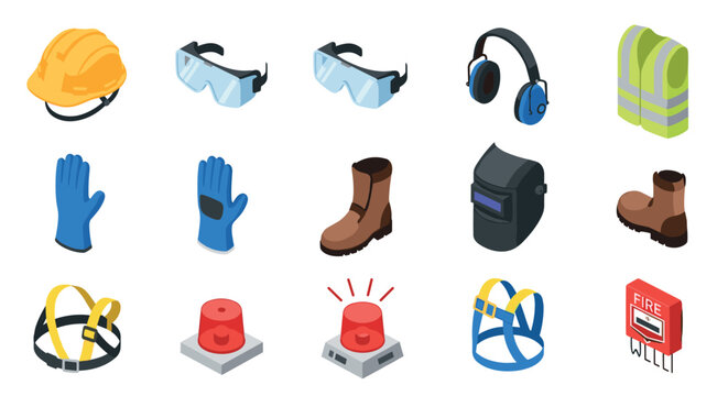 Essential safety equipment icons for construction and industrial work in isometric style
