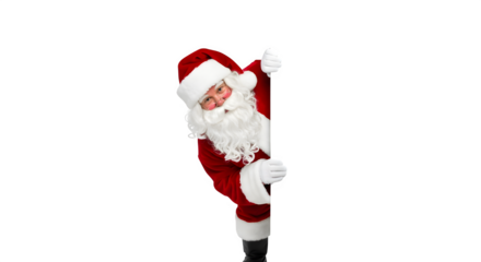 Festive santa claus figure with white beard and red suit isolated on transparent background