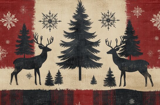 Rustic Christmas design featuring deer and snowflakes among pine trees on a textured background - Powered by Adobe